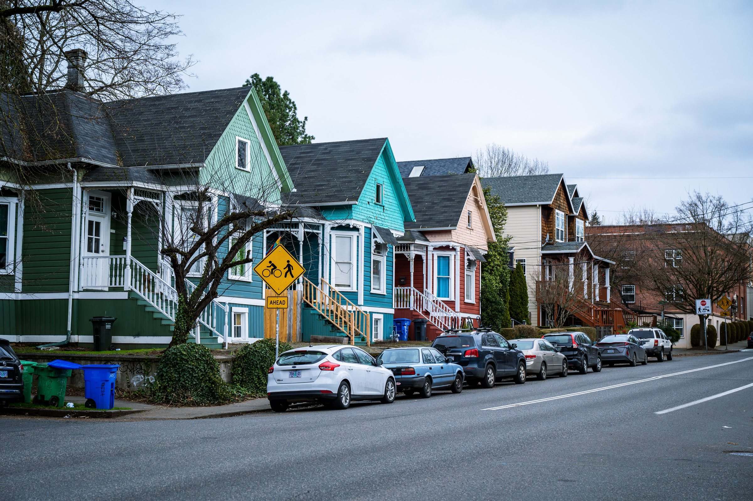 A row of colorful houses on a Portland-area street
